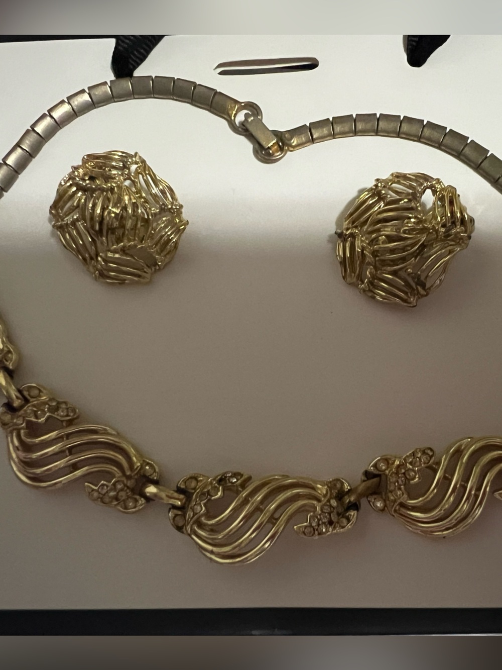 Vintage 1950s Gold Tone Rhinestone Wave Choker Necklace & Earring Set